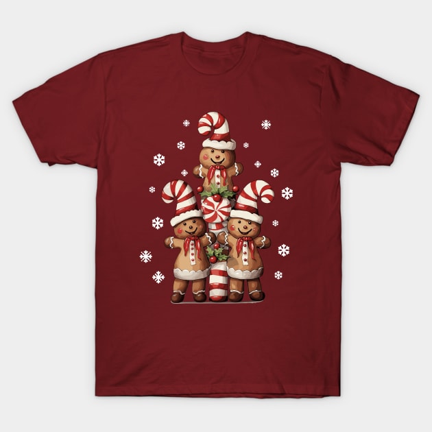 Gingerbread Joyful Candy Cane Trio T-Shirt by AI - Made Me Do It